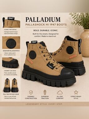 Palladium Pallashock 1947 Boots Tan Black Chunky Lug Sole Sneakers size 9 1/2